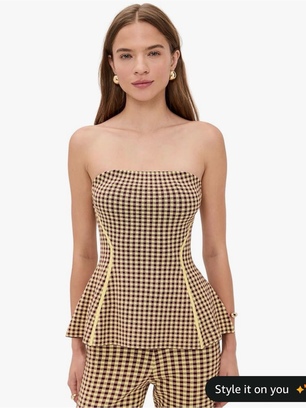 Nwt Le Bop Strapless Gingham Peplum Top In Brown & Yellow